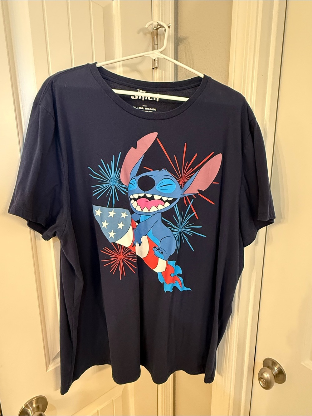 Disney Stitch Adult Navy Short Sleeve Graphic Tee - Patriotic Fireworks